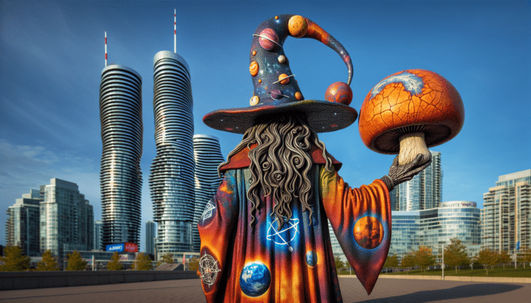 photograph of a cosplaying wizard holding a giant mushroom with a scenic landscape of Mississauga