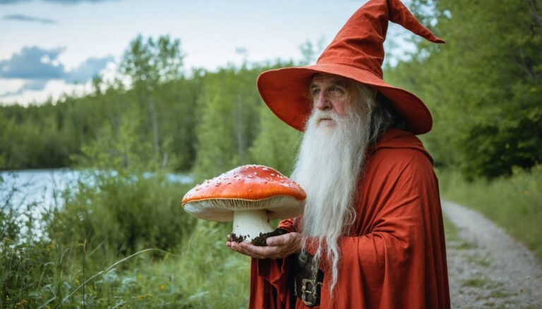 photograph of a cosplaying wizard holding a giant mushroom with a scenic landscape of Moncton