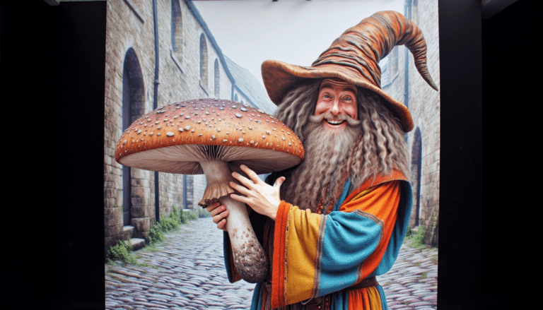 photograph of a cosplaying wizard holding a giant mushroom with a scenic landscape of Montague