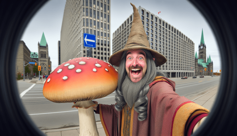 photograph of a cosplaying wizard holding a giant mushroom with a scenic landscape of Moose Jaw