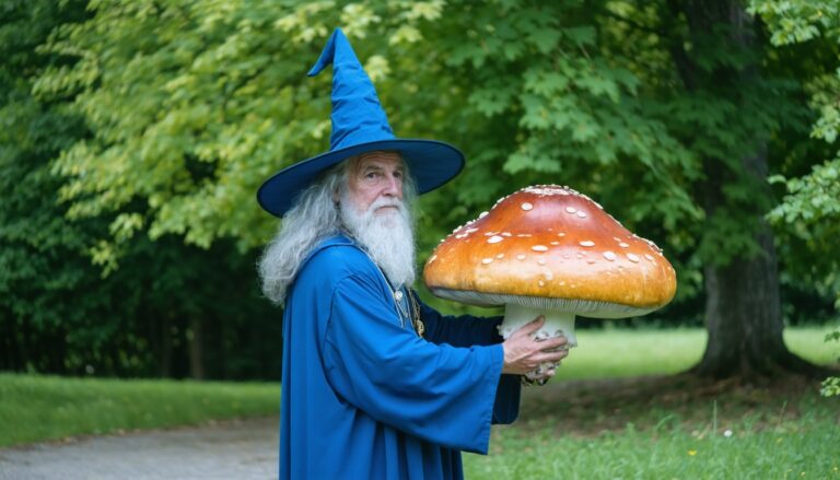 photograph of a cosplaying wizard holding a giant mushroom with a scenic landscape of Morden