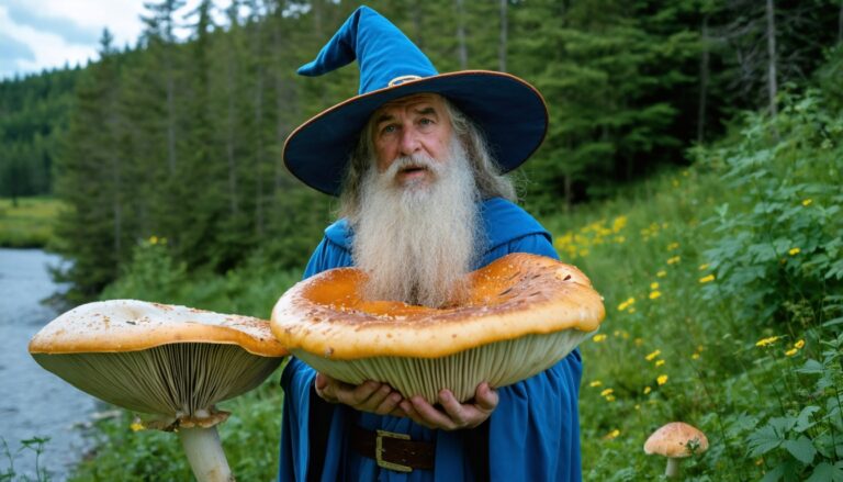 photograph of a cosplaying wizard holding a giant mushroom with a scenic landscape of Mount Pearl