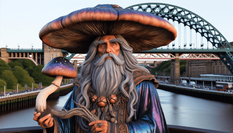 photograph of a cosplaying wizard holding a giant mushroom with a scenic landscape of Newcastle