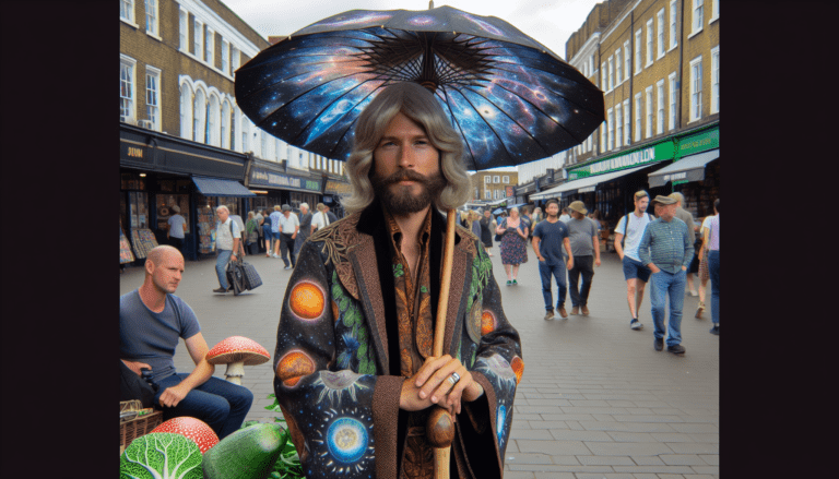photograph of a cosplaying wizard holding a giant mushroom with a scenic landscape of Newmarket