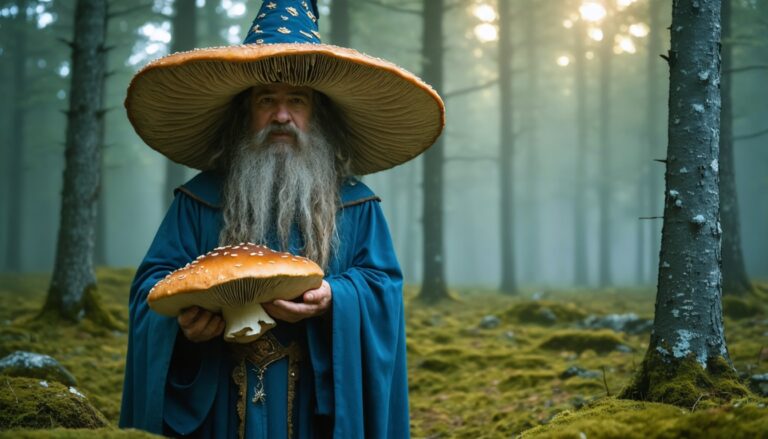 photograph of a cosplaying wizard holding a giant mushroom with a scenic landscape of Niverville