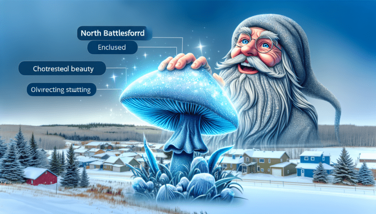 photograph of a cosplaying wizard holding a giant mushroom with a scenic landscape of North Battleford
