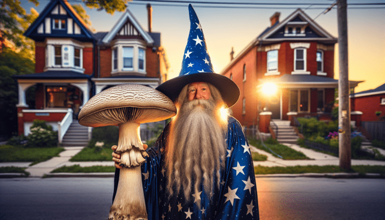 photograph of a cosplaying wizard holding a giant mushroom with a scenic landscape of North York
