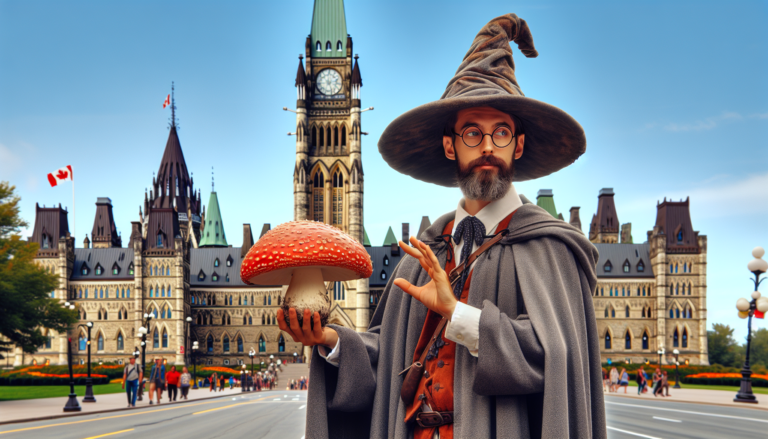 photograph of a cosplaying wizard holding a giant mushroom with a scenic landscape of Ottawa