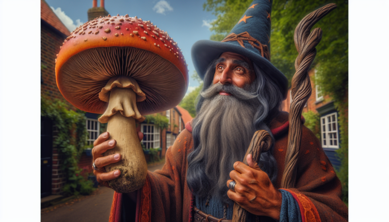 photograph of a cosplaying wizard holding a giant mushroom with a scenic landscape of Pickering