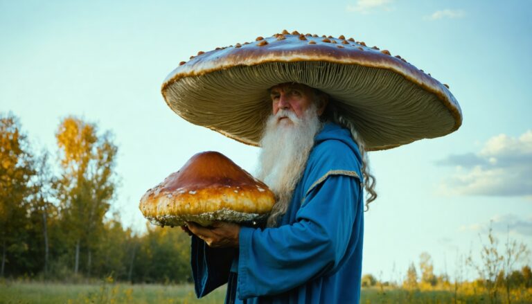 photograph of a cosplaying wizard holding a giant mushroom with a scenic landscape of Portage la Prairie