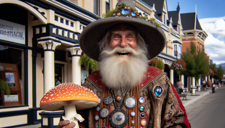 photograph of a cosplaying wizard holding a giant mushroom with a scenic landscape of Prince Albert