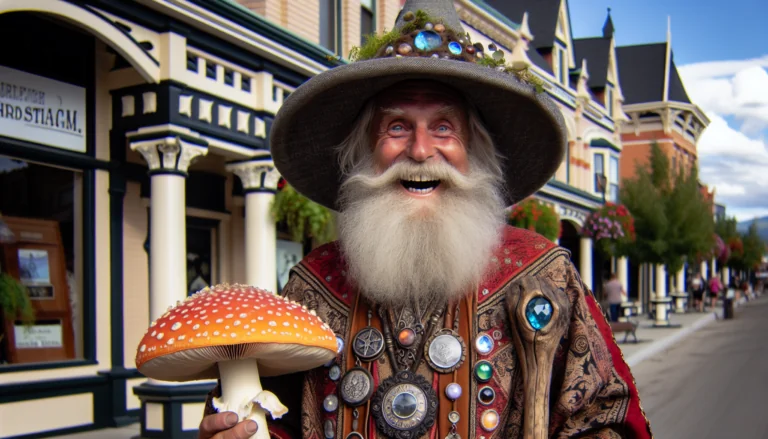 photograph of a cosplaying wizard holding a giant mushroom with a scenic landscape of Prince Albert