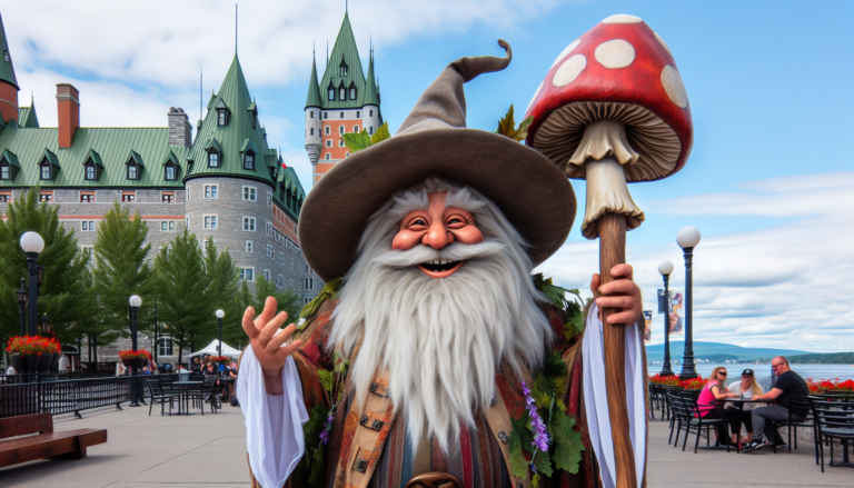 photograph of a cosplaying wizard holding a giant mushroom with a scenic landscape of Quebec City
