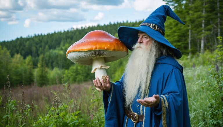 photograph of a cosplaying wizard holding a giant mushroom with a scenic landscape of Quispamsis