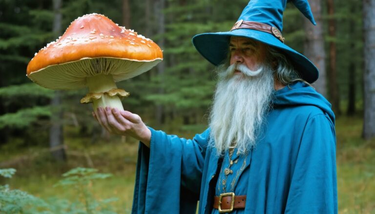 photograph of a cosplaying wizard holding a giant mushroom with a scenic landscape of Red Deer