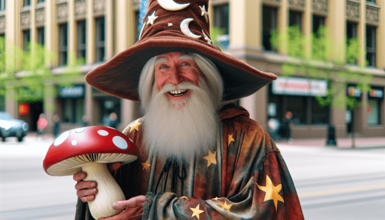 photograph of a cosplaying wizard holding a giant mushroom with a scenic landscape of Regina