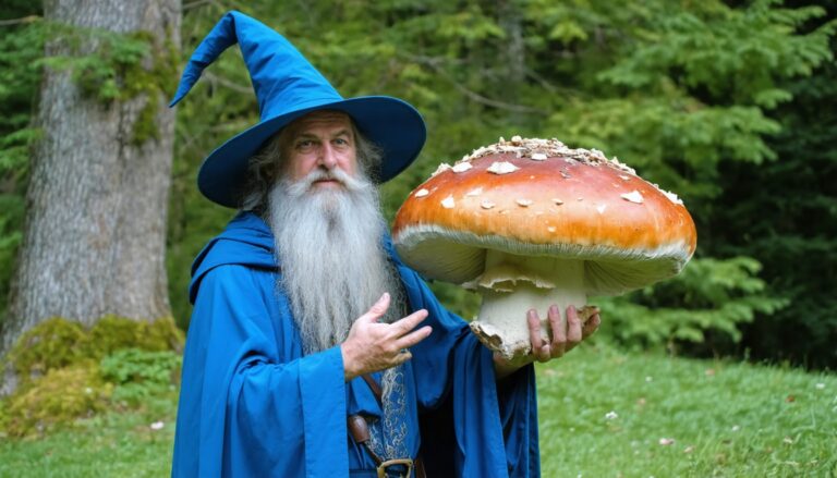 photograph of a cosplaying wizard holding a giant mushroom with a scenic landscape of Richmond