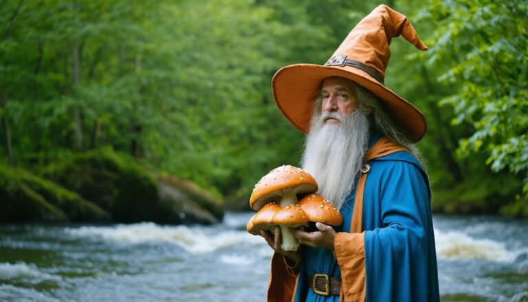 photograph of a cosplaying wizard holding a giant mushroom with a scenic landscape of Riverview