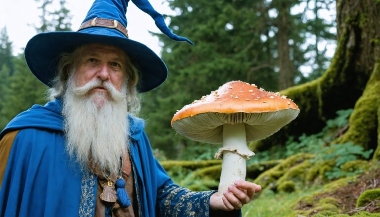 photograph of a cosplaying wizard holding a giant mushroom with a scenic landscape of Saanich