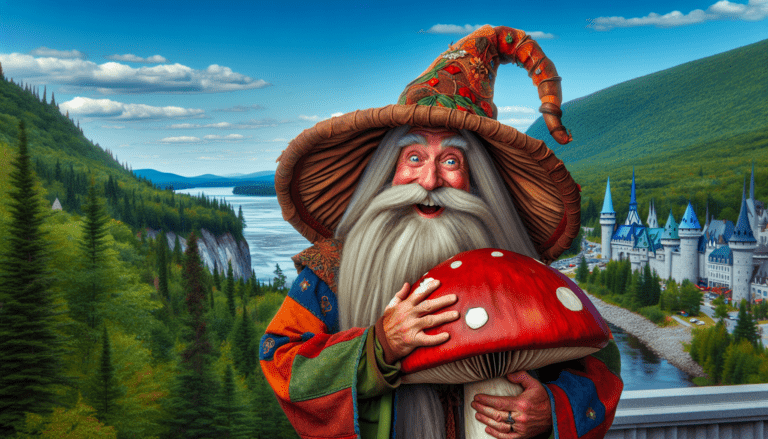photograph of a cosplaying wizard holding a giant mushroom with a scenic landscape of Saguenay