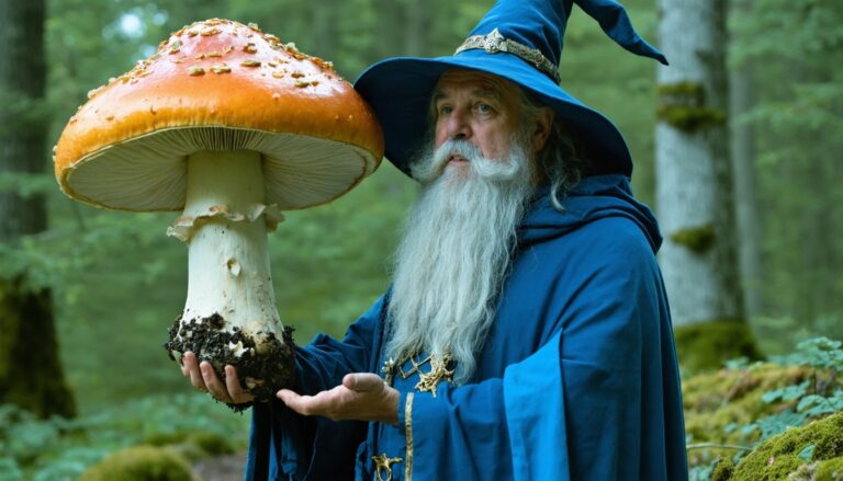 photograph of a cosplaying wizard holding a giant mushroom with a scenic landscape of Saint John