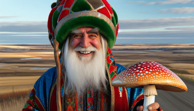 photograph of a cosplaying wizard holding a giant mushroom with a scenic landscape of Saskatoon