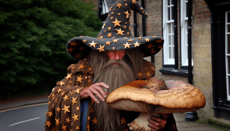 photograph of a cosplaying wizard holding a giant mushroom with a scenic landscape of Scarborough