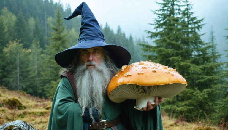photograph of a cosplaying wizard holding a giant mushroom with a scenic landscape of Selkirk