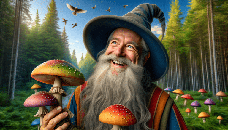 photograph of a cosplaying wizard holding a giant mushroom with a scenic landscape of Sherbrooke