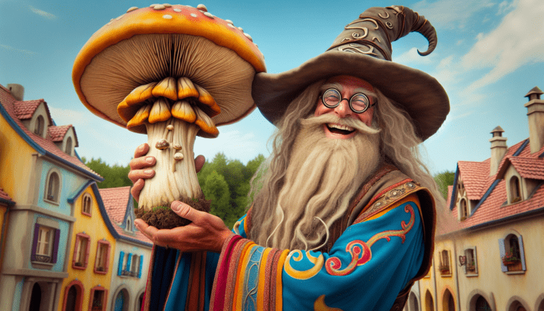 photograph of a cosplaying wizard holding a giant mushroom with a scenic landscape of Souris
