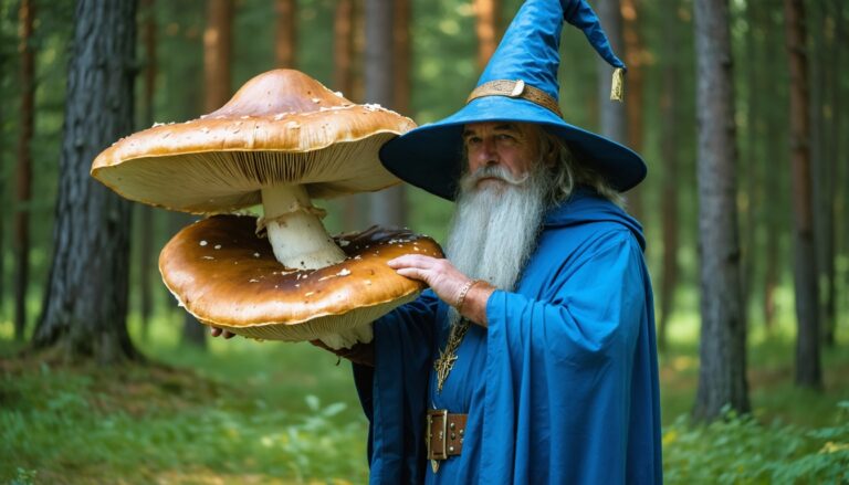 photograph of a cosplaying wizard holding a giant mushroom with a scenic landscape of Spruce Grove