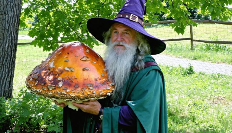 photograph of a cosplaying wizard holding a giant mushroom with a scenic landscape of St. Albert