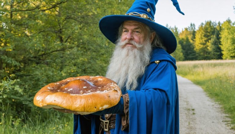 photograph of a cosplaying wizard holding a giant mushroom with a scenic landscape of Steinbach