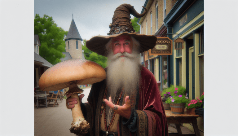 photograph of a cosplaying wizard holding a giant mushroom with a scenic landscape of Stouffville