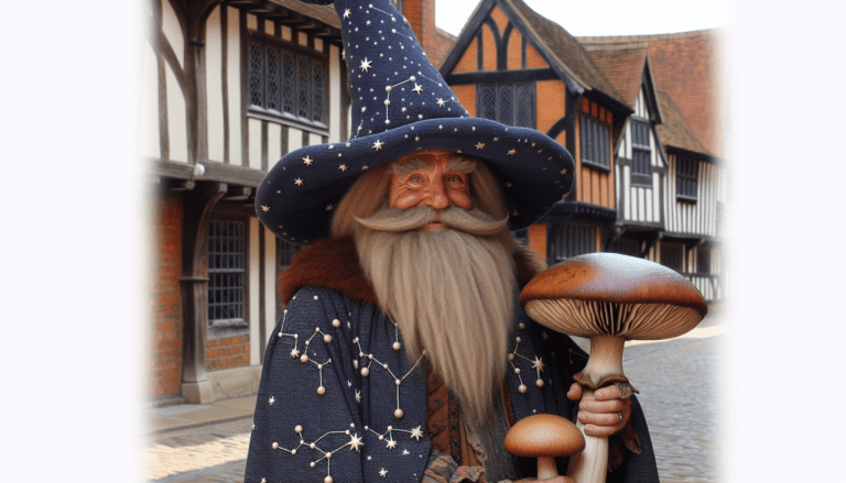 photograph of a cosplaying wizard holding a giant mushroom with a scenic landscape of Stratford