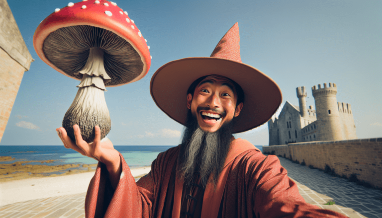 photograph of a cosplaying wizard holding a giant mushroom with a scenic landscape of Summerside