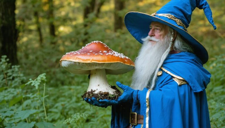 photograph of a cosplaying wizard holding a giant mushroom with a scenic landscape of Surrey