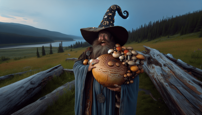 photograph of a cosplaying wizard holding a giant mushroom with a scenic landscape of Swift Current