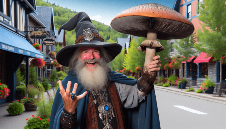photograph of a cosplaying wizard holding a giant mushroom with a scenic landscape of Terrebonne