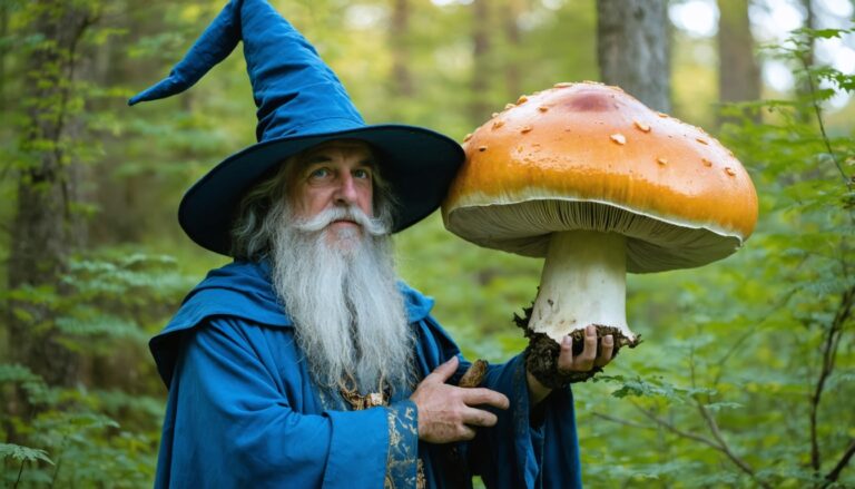 photograph of a cosplaying wizard holding a giant mushroom with a scenic landscape of Thompson