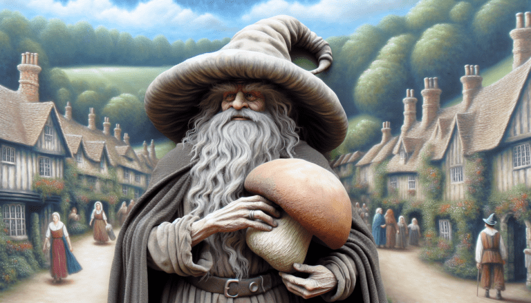 photograph of a cosplaying wizard holding a giant mushroom with a scenic landscape of Thornhill