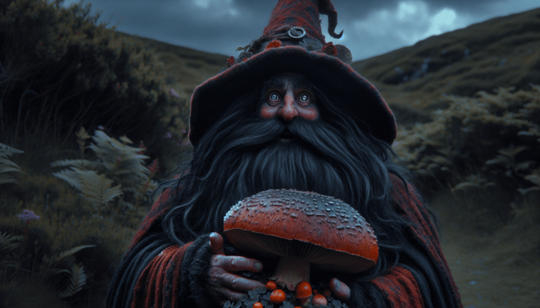 photograph of a cosplaying wizard holding a giant mushroom with a scenic landscape of Tignish