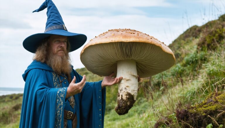 photograph of a cosplaying wizard holding a giant mushroom with a scenic landscape of Torbay