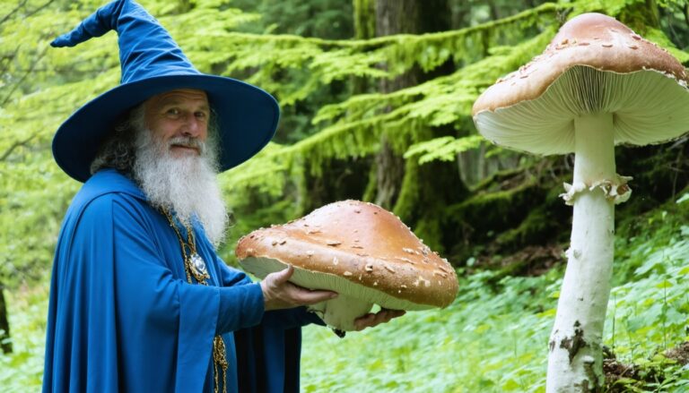 photograph of a cosplaying wizard holding a giant mushroom with a scenic landscape of Vancouver