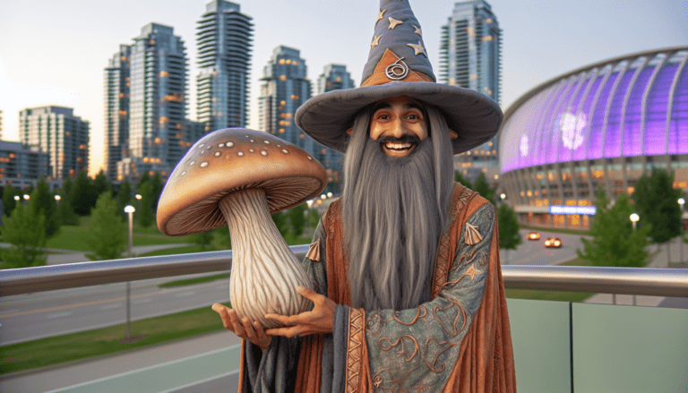 photograph of a cosplaying wizard holding a giant mushroom with a scenic landscape of Vaughan