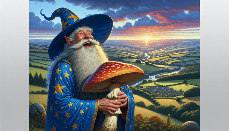 photograph of a cosplaying wizard holding a giant mushroom with a scenic landscape of Weyburn