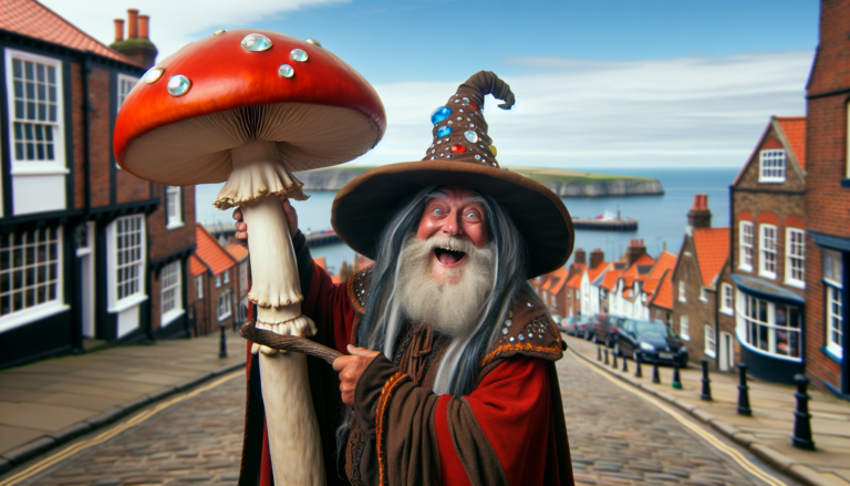 photograph of a cosplaying wizard holding a giant mushroom with a scenic landscape of Whitby