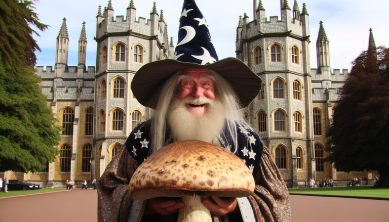 photograph of a cosplaying wizard holding a giant mushroom with a scenic landscape of Windsor