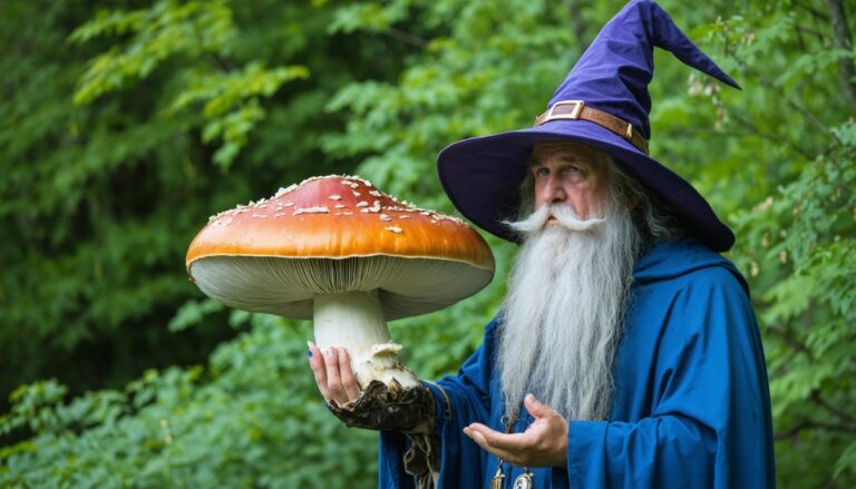 photograph of a cosplaying wizard holding a giant mushroom with a scenic landscape of Winkler