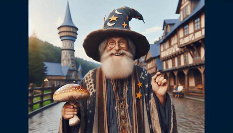 photograph of a cosplaying wizard holding a giant mushroom with a scenic landscape of Woodbridge